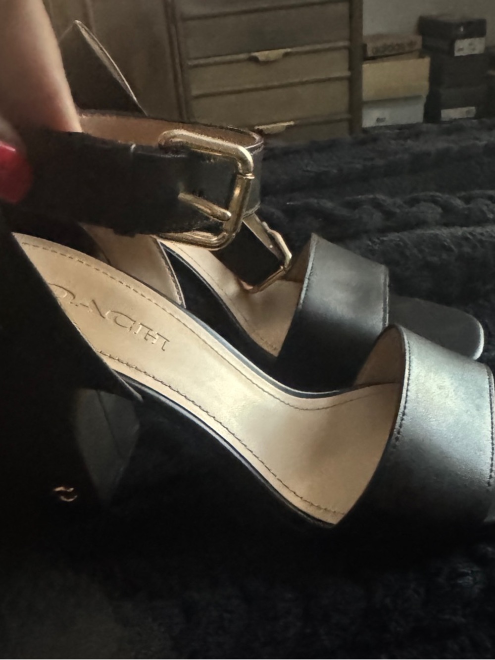 Coach Black Block Heel Sandals with Gold Buckle - Picture 4 of 6